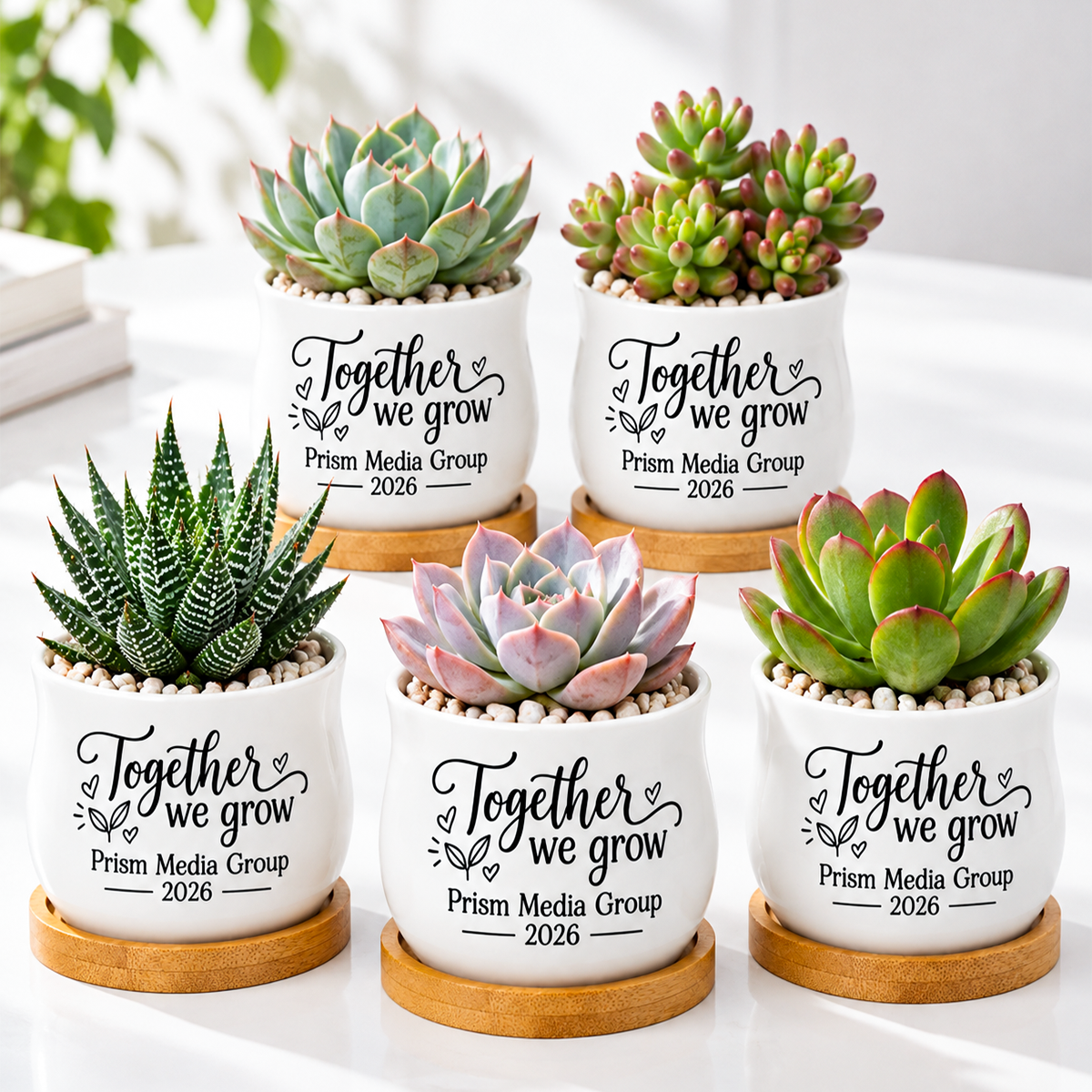 buy Pack of Personalized Succulent Pot for Corporate Favor - Together we grow online, white glazed ceramic barrel-shaped mini pot, natural bamboo drainage tray included, custom printed with company name and event date, ideal for small desktop displays and corporate team gifts