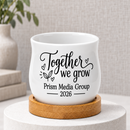 buy personalized succulent pot for corporate favor together we grow online, empty white ceramic mini pot shown with bamboo tray, custom printed design space for company name, holds small succulents tea lights or dried flowers, elegant corporate thank you gift