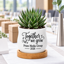 buy personalized succulent pot for corporate favor together we grow online, empty white ceramic mini pot shown with bamboo tray, custom printed design space for company name, holds small succulents tea lights or dried flowers, elegant corporate thank you gift