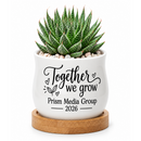 buy personalized succulent pot for corporate favor together we grow online, empty white ceramic mini pot shown with bamboo tray, custom printed design space for company name, holds small succulents tea lights or dried flowers, elegant corporate thank you gift