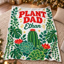 50x60in tropical plant dad personalized blanket for sale, lush botanical print featuring exotic leaves and tropical plants, generous oversized throw dimensions for bed or sofa draping, premium quality fleece material with long-lasting color retention, personalized name embroidery adds heartfelt custom detail, stunning living room comfort accent, unique personalized gift for plant dad lovers