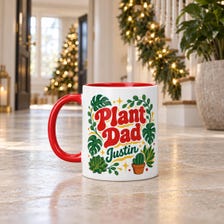 15 oz tropical plant dad personalized mug for sale, lush tropical plant artwork with colorful foliage and botanical details, premium ceramic construction with custom name personalization, versatile daily-use mug for home office or kitchen, beautiful tropical-themed decorative piece for plant parent collections, special personalized gift for dads who love houseplants
