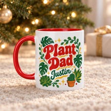 15 oz tropical plant dad personalized mug for sale, bold tropical plant graphics featuring monstera and palm leaf patterns, spacious ceramic mug with custom personalization option, comfortable ergonomic handle for daily use, excellent decorative drinkware for plant-themed kitchen display, thoughtful personalized gift for indoor plant dads and gardening enthusiasts