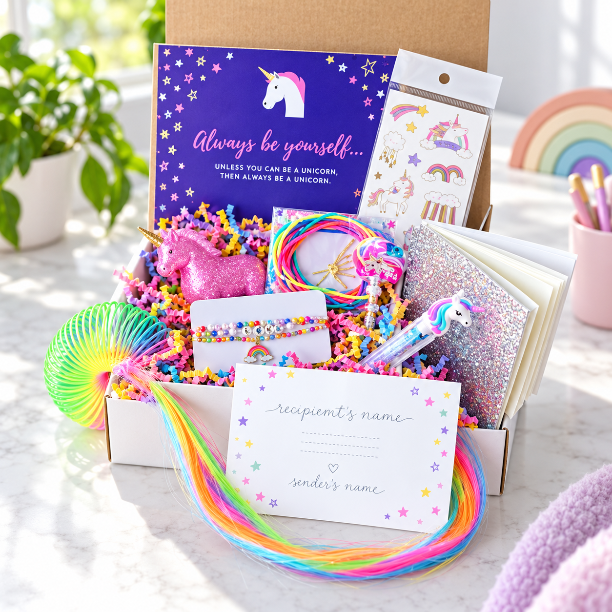 colorful unicorn-themed gift box with magical treasures and inspirational message card inside, arranged for display