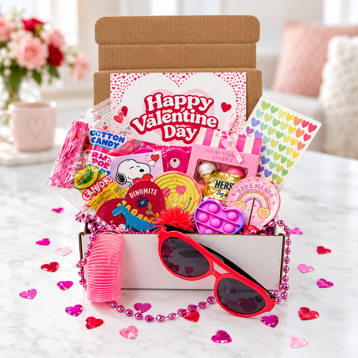 hand-assembled valentine's day gift box for kids overflowing with colorful toys, stickers, and surprises arranged in bright tissue paper and decorated with hearts and ribbons