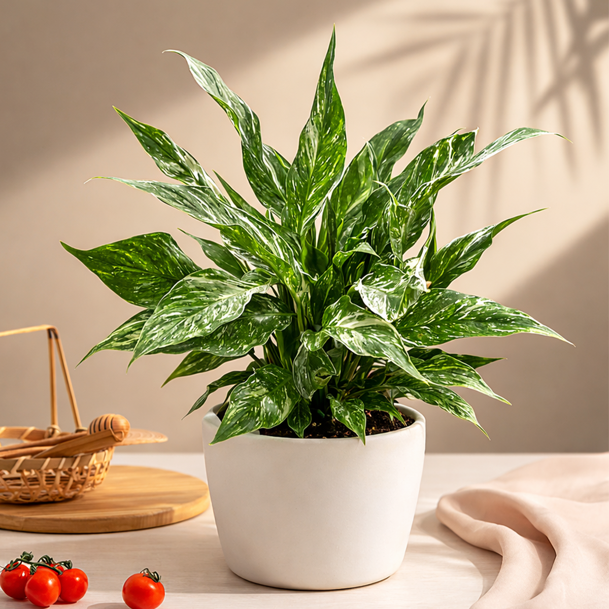 Spathiphyllum Domino plant in 6 inch grower pot for sale, variegated peace lily, rare peace lily for sale, ruffled leaf plant, white variegated houseplant, air purifying plants, live indoor tropicals