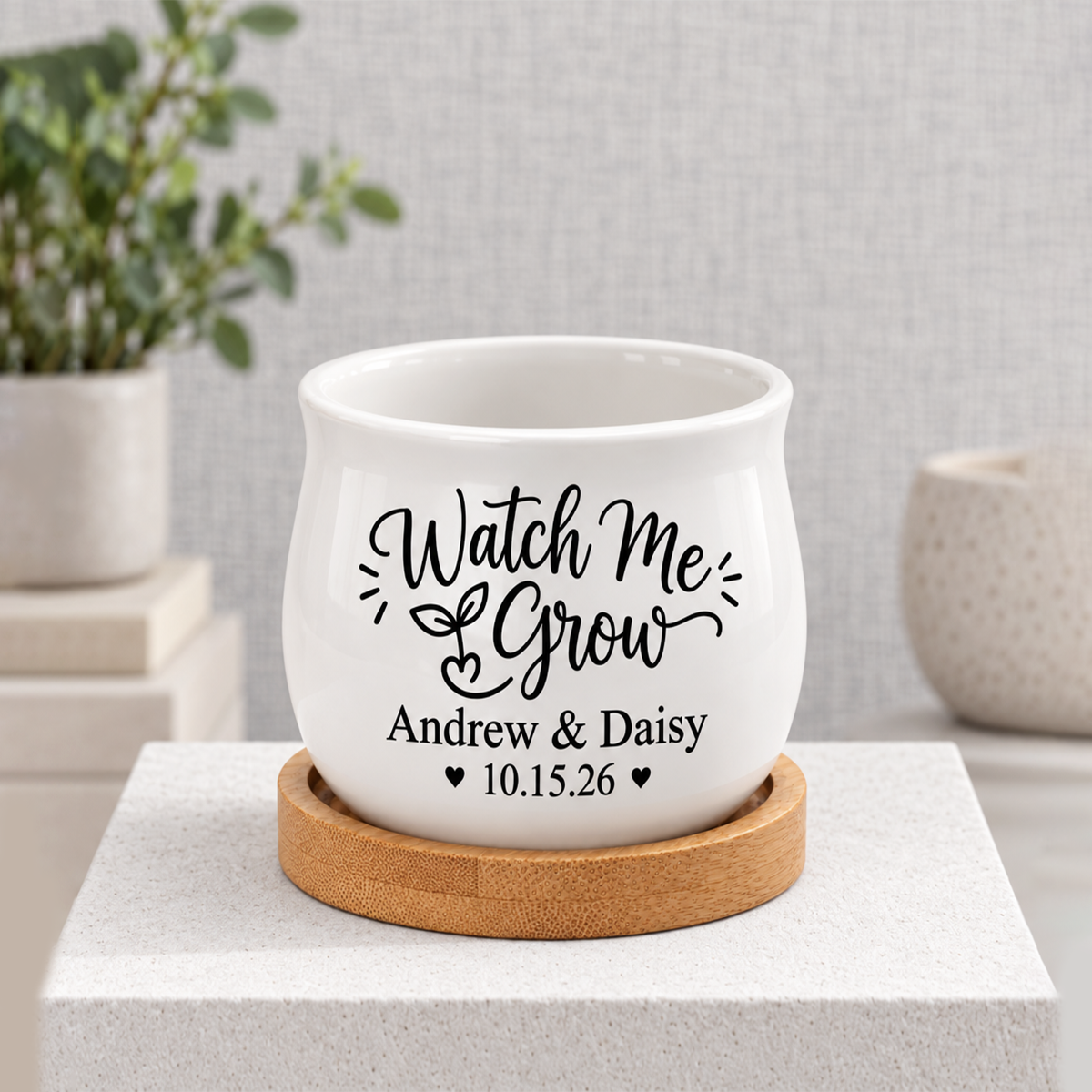 personalized Personalized Succulent Pot for Wedding favor - Watch Me Grow for sale, miniature ceramic pot with custom names, styled with dried botanicals and candle options, thoughtful couple's gift