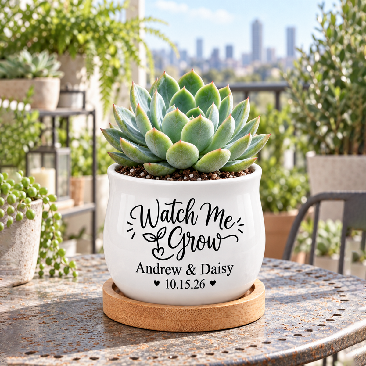 buy Personalized Succulent Pot for Wedding favor - Watch Me Grow online, white glazed ceramic barrel shape, custom couple's name and date, includes bamboo drainage tray, perfect wedding guest favor