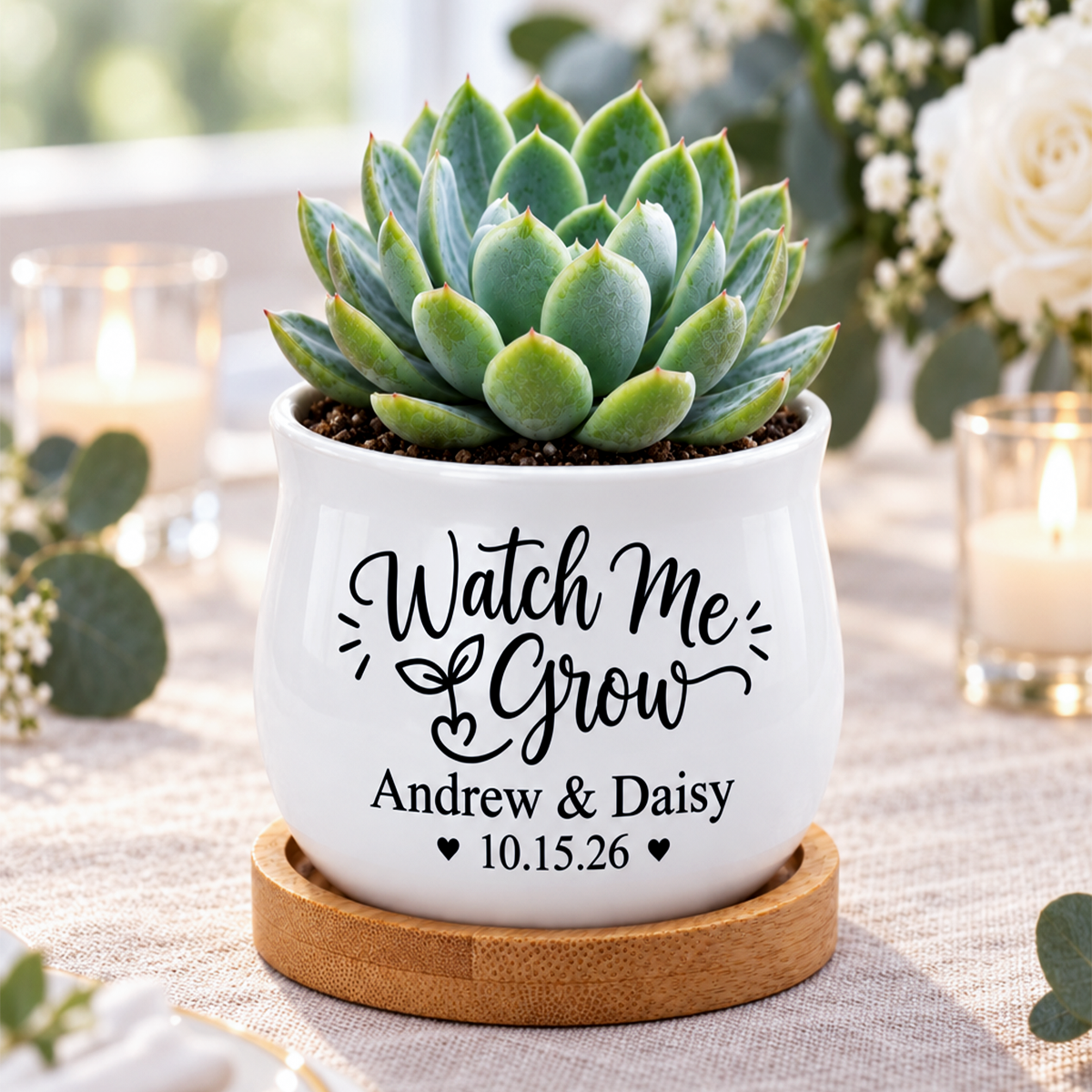 ceramic Personalized Succulent Pot for Wedding favor - Watch Me Grow for sale, small miniature planter with personalization, natural bamboo base tray, charming keepsake gift for newlyweds