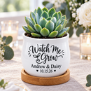 personalized Personalized Succulent Pot for Wedding favor - Watch Me Grow for sale, miniature ceramic pot with custom names, styled with dried botanicals and candle options, thoughtful couple's gift