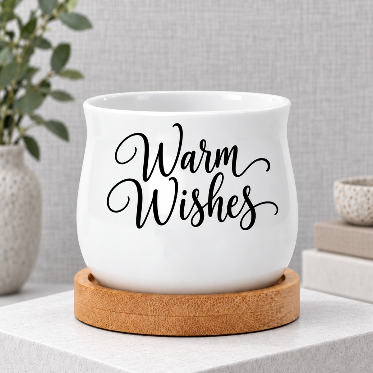 Ceramic mini pot - Warm Wishes for sale, compact 2.6 inch wide design, warm wishes pattern detail, functional drainage hole, display dried botanicals or small stems