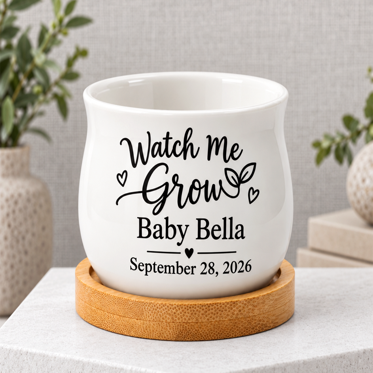 ceramic personalized succulent pot for baby shower favor - watch me grow for sale, compact 2.6-inch white mini planter, natural bamboo saucer base, custom printed with baby details, perfect for tea lights or small botanicals, memorable keepsake favor gift