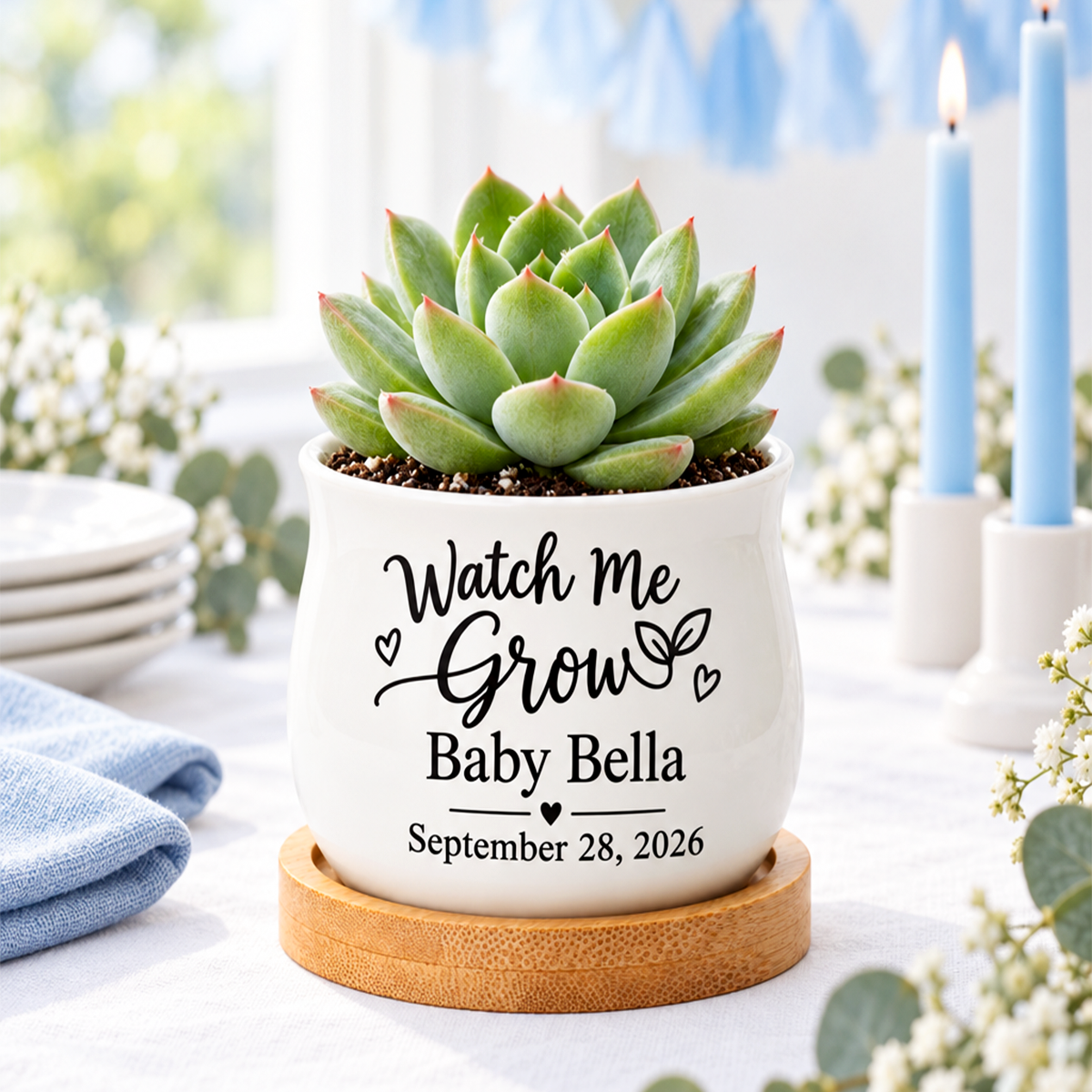 buy personalized succulent pot for baby shower favor - watch me grow online, white glazed ceramic barrel-shaped mini pot, bamboo drainage tray included, personalized baby name and date design, ideal for small succulents or decorative accents, thoughtful baby shower gift