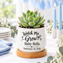 buy Pack of Personalized Succulent Pot for Baby Shower Favor - Watch Me Grow online, white glazed ceramic barrel-style mini planter, includes natural bamboo drainage tray, custom printed with baby's name and arrival date, perfect as a sweet baby shower party favor or keepsake gift