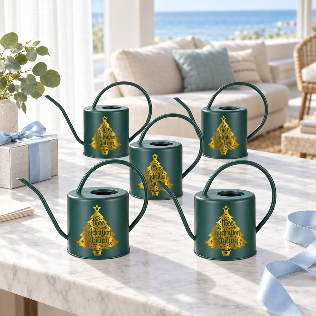 buy Pack of Watering Can - Christmas Tree Hydration Station white red tree online, merry christmas tree design, robust white plastic, 1 liter capacity, great for office plants, fun christmas gift