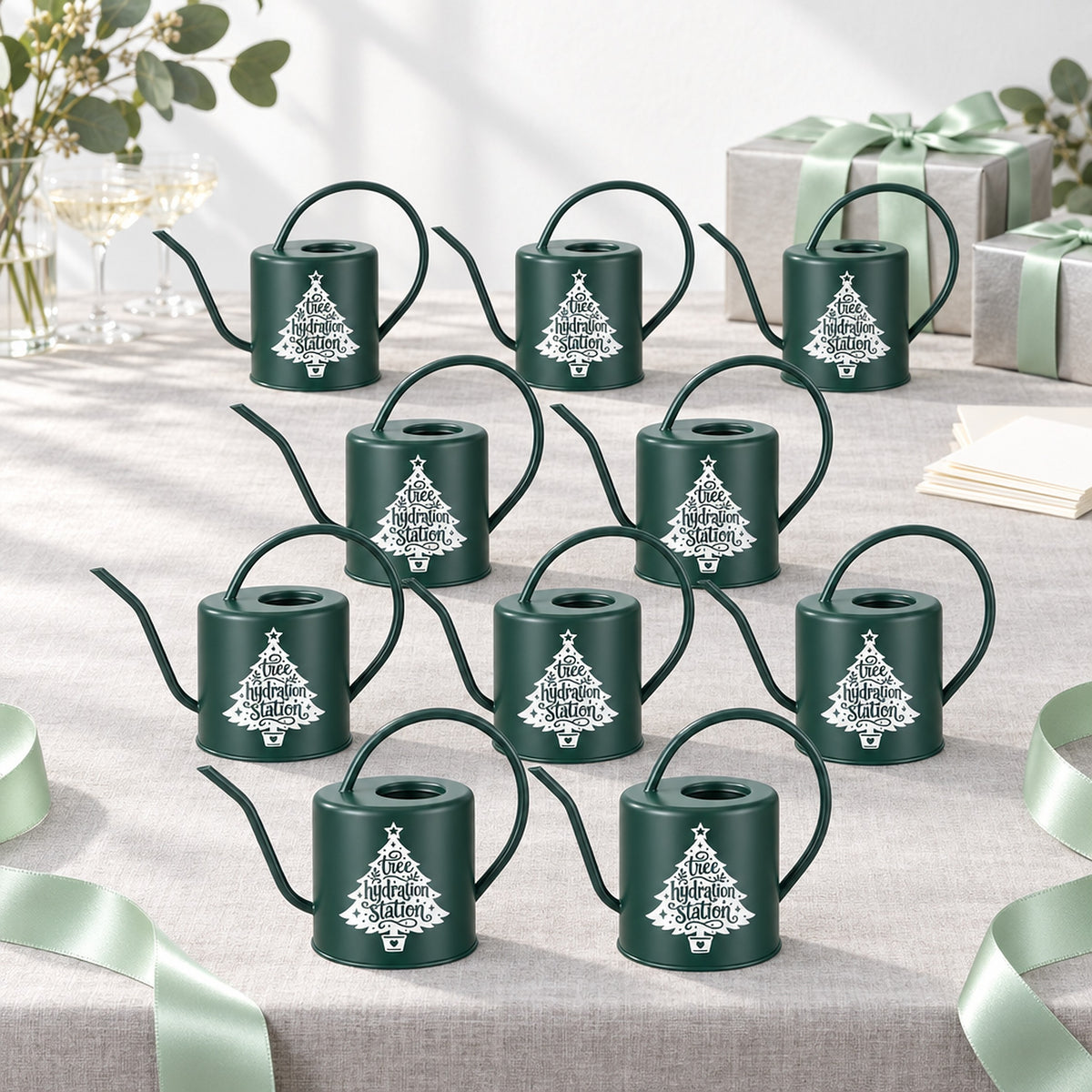 white gold tree Pack of Watering Can - Christmas Tree Hydration Station for sale, whimsical christmas tree shape, sturdy green plastic, 1 liter capacity, great for watering small houseplants, unique christmas present