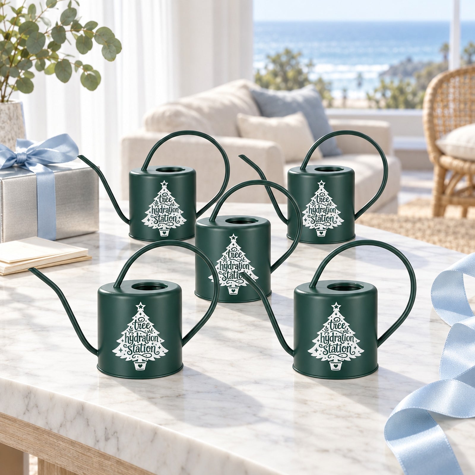 buy Pack of Watering Can - Christmas Tree Hydration Station white gold tree online, festive christmas tree design, durable plastic construction, 1 liter capacity, ideal for indoor planters, thoughtful holiday gift for gardeners
