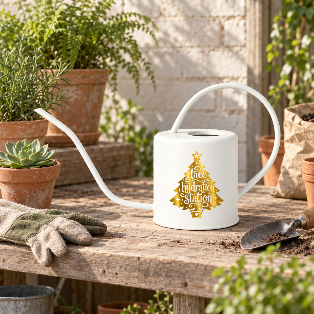buy watering can christmas tree hydration station white and gold tree online, festive ceramic design with metallic gold accents, 2-liter capacity perfect for holiday décor, elegant christmas tree silhouette, ideal for keeping holiday plants hydrated, unique gift for seasonal plant enthusiasts