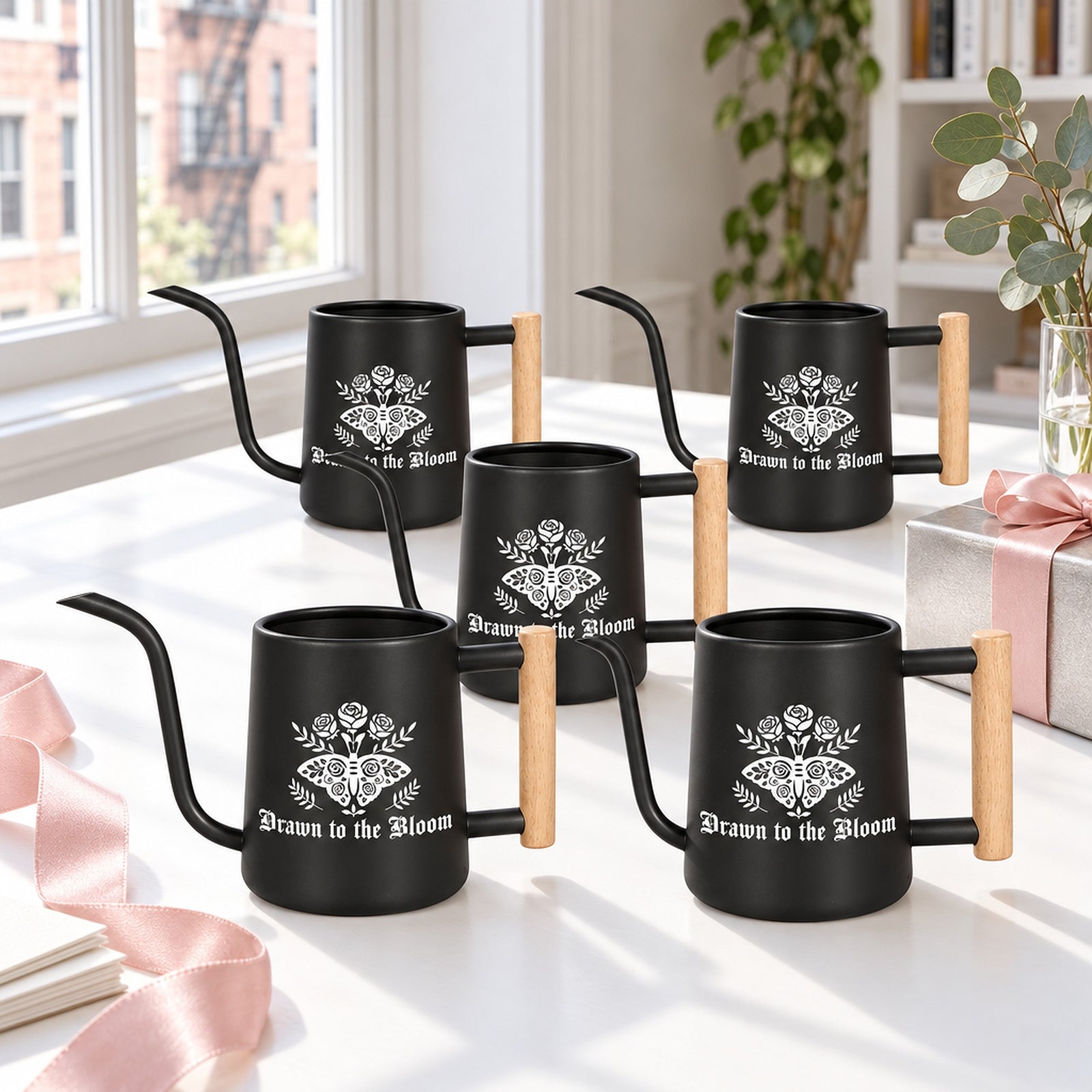 buy pack of watering can - drawn to the bloom 5-pack black online, premium matte black finish, durable lightweight construction, classic long spout design, perfect for indoor planters and delicate seedlings, unique plant lover gift