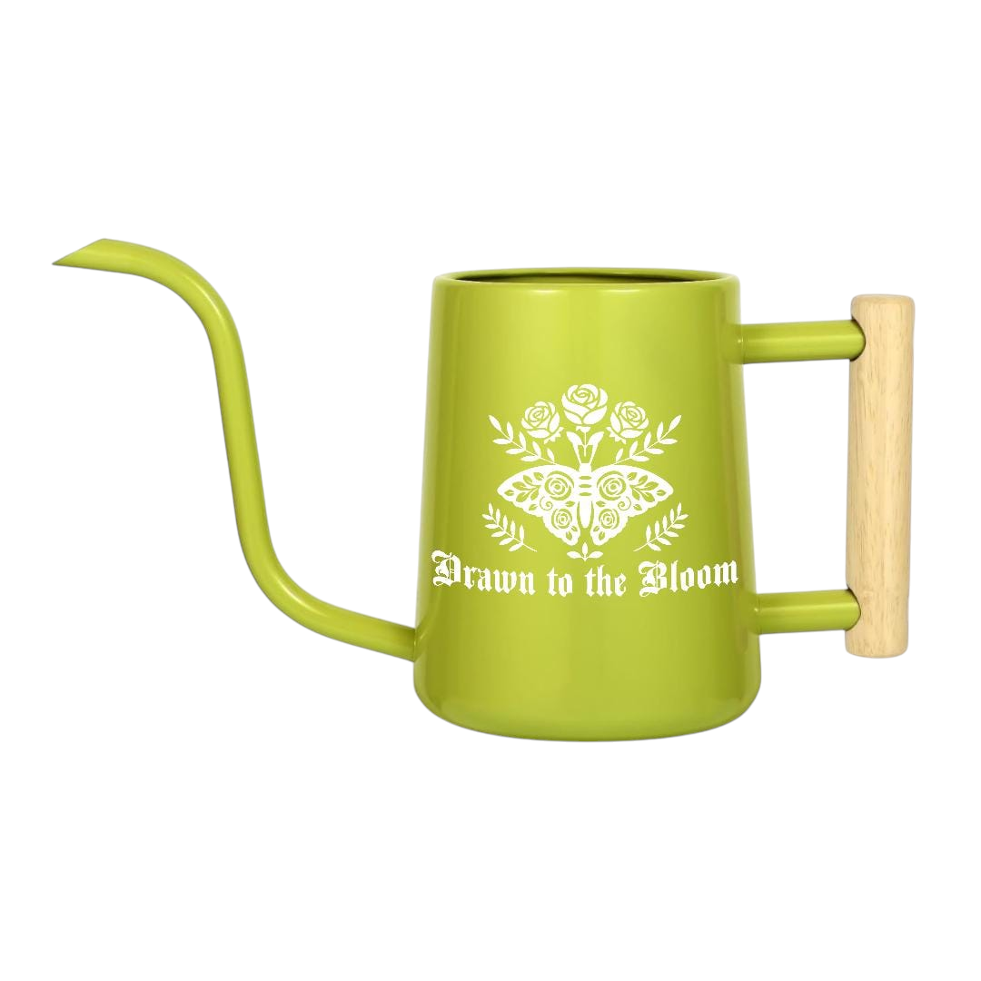 buy watering can drawn to the bloom black online, charming illustrated design with delicate floral artwork, durable plastic construction available in black orange gray or pink, ergonomic handle for easy pouring, ideal for indoor houseplants and garden beds, perfect gardening gift for plant enthusiasts