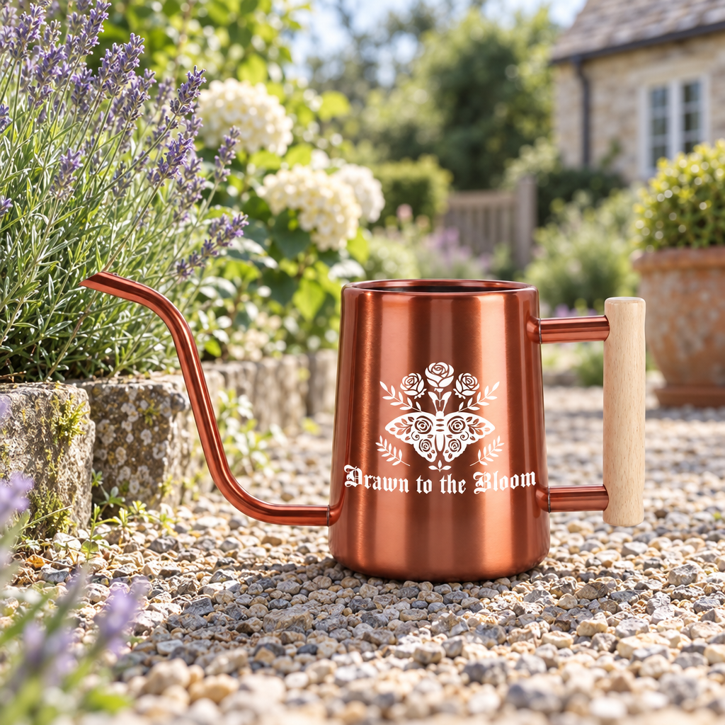 buy Watering Can - Drawn to the Bloom black online, jet black exterior with decorative botanical design, optimal spout length for reach and control, professional-grade durability, ideal for greenhouse and nursery use, great gift for serious plant cultivators