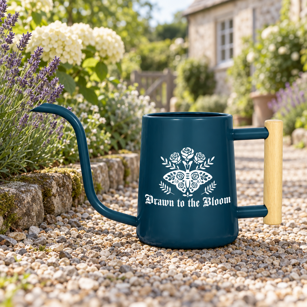 buy Watering Can - Drawn to the Bloom gray online, sophisticated gray shade with ornamental bloom illustration, medium spout opening for moderate water distribution, refined finish quality, great for contemporary garden settings, lovely gift for style-focused gardeners