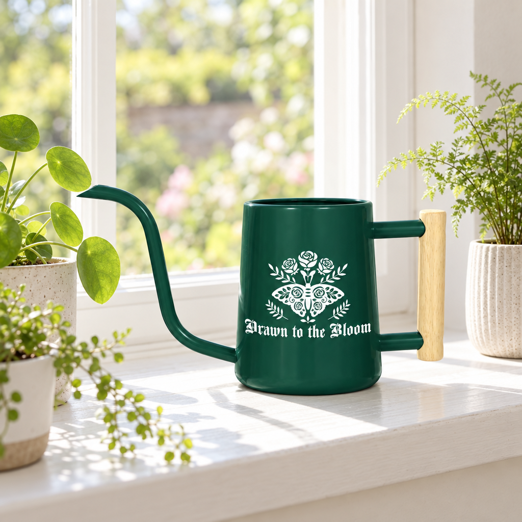 buy Watering Can - Drawn to the Bloom gray online, neutral gray exterior with artistic botanical motif, precision spout tip for delicate plants, quality metal construction, great for specialty plant collections and propagation areas, special gift for rare plant enthusiasts