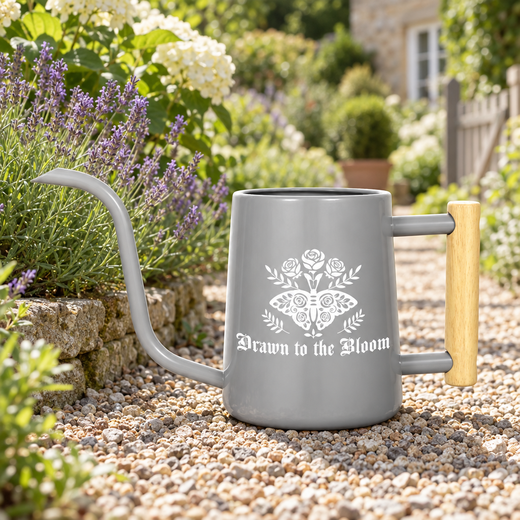 buy Watering Can - Drawn to the Bloom black online, matte black exterior with intricate drawn botanical design, generous spout opening for controlled water flow, sturdy construction, ideal for balcony gardens and terrace planters, excellent present for urban gardeners