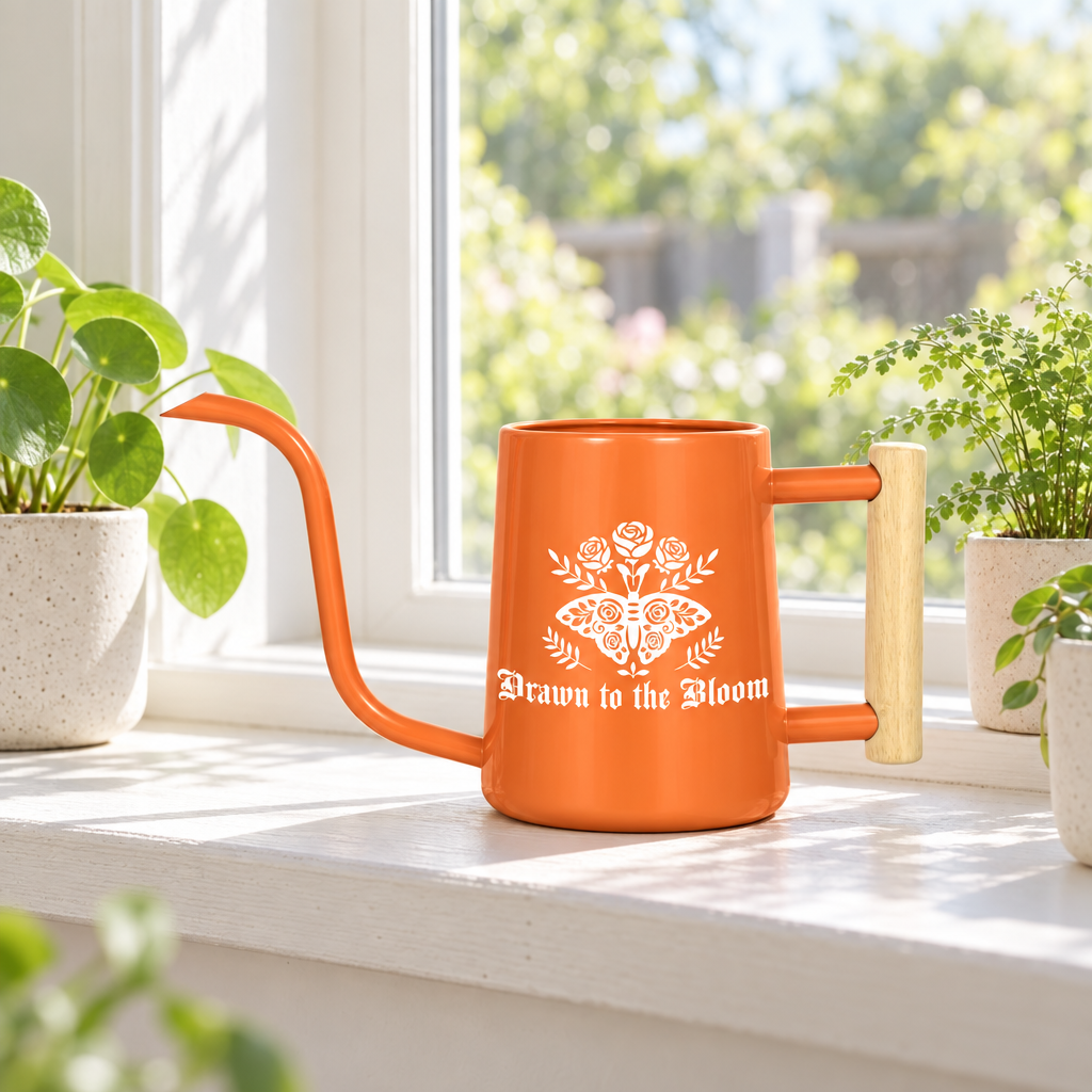 buy Watering Can - Drawn to the Bloom gray online, sophisticated gray tone with decorative floral pattern, medium capacity for efficient watering, rust-resistant metal design, great for small houseplants and desk planters, beautiful gift for minimalist plant lovers