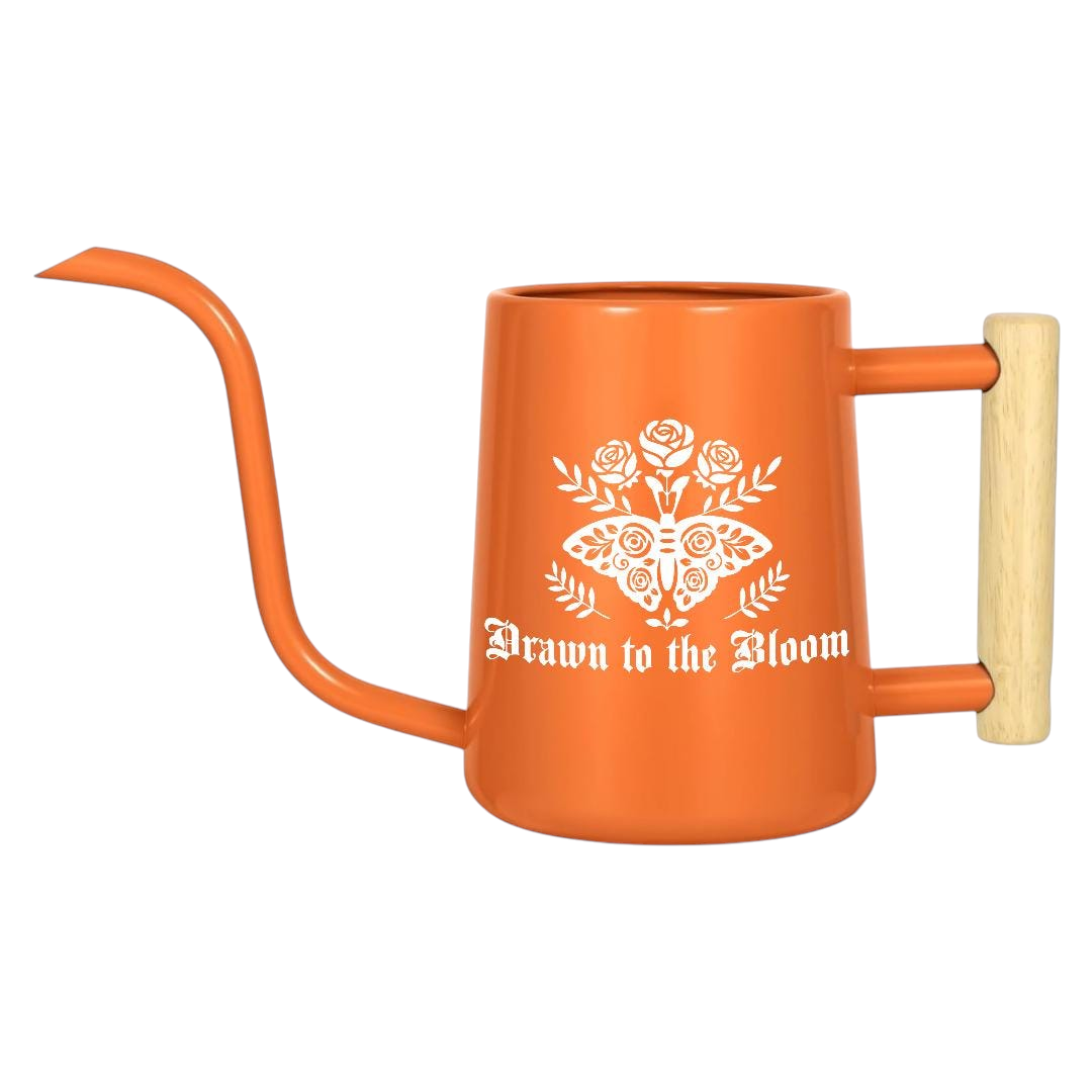 pink Watering Can - Drawn to the Bloom for sale, soft pastel pink finish with elegant bloom illustration, rounded shape with long spout for precision watering, charming aesthetic appeal, perfect for ornamental gardens and flower beds, lovely gift for garden decor enthusiasts