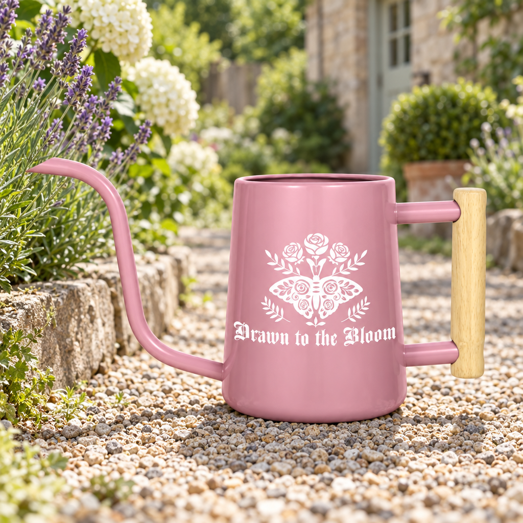 buy Watering Can - Drawn to the Bloom gray online, neutral gray palette with detailed hand-drawn flower motif, smooth finish resistant to weathering, functional pouring spout design, great for mixed planters and window boxes, special gift for design-conscious gardeners