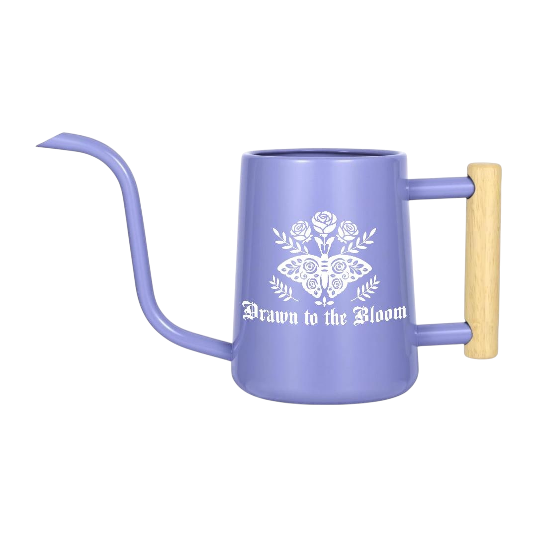 orange Watering Can - Drawn to the Bloom for sale, striking orange tone with artistic floral pattern, ergonomic handle design for reduced strain, durable galvanized steel, perfect for vegetable gardens and flower borders, thoughtful gift for green thumb gardeners