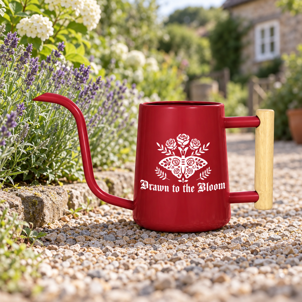 buy Watering Can - Drawn to the Bloom gray online, cool gray shade with botanical drawn illustration, spacious reservoir for fewer refills, weather-resistant coating, great for container gardens and landscape plantings, lovely gift for garden design lovers
