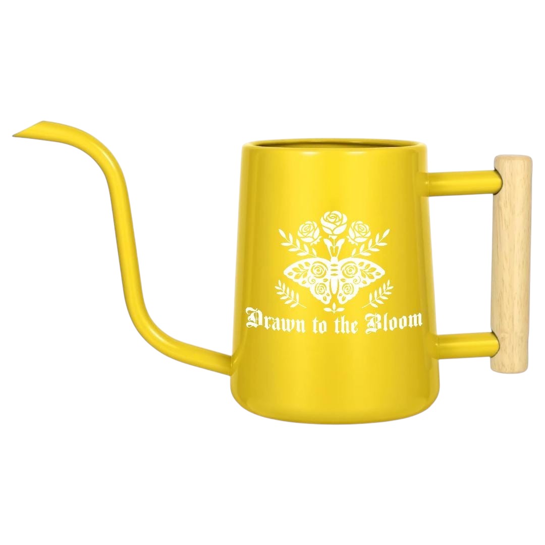 orange Watering Can - Drawn to the Bloom for sale, vibrant orange hue with intricate bloom illustration, quick-draining spout design, sturdy construction for outdoor use, perfect for patio gardens and potted arrangements, wonderful gift for outdoor entertaining gardeners