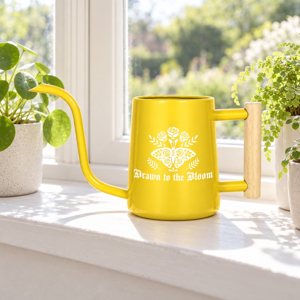 buy Watering Can - Drawn to the Bloom black online, glossy black surface with hand-drawn botanical motif, balanced weight distribution for control, refined aesthetic style, ideal for office plants and apartment gardening, excellent gift for contemporary plant lovers
