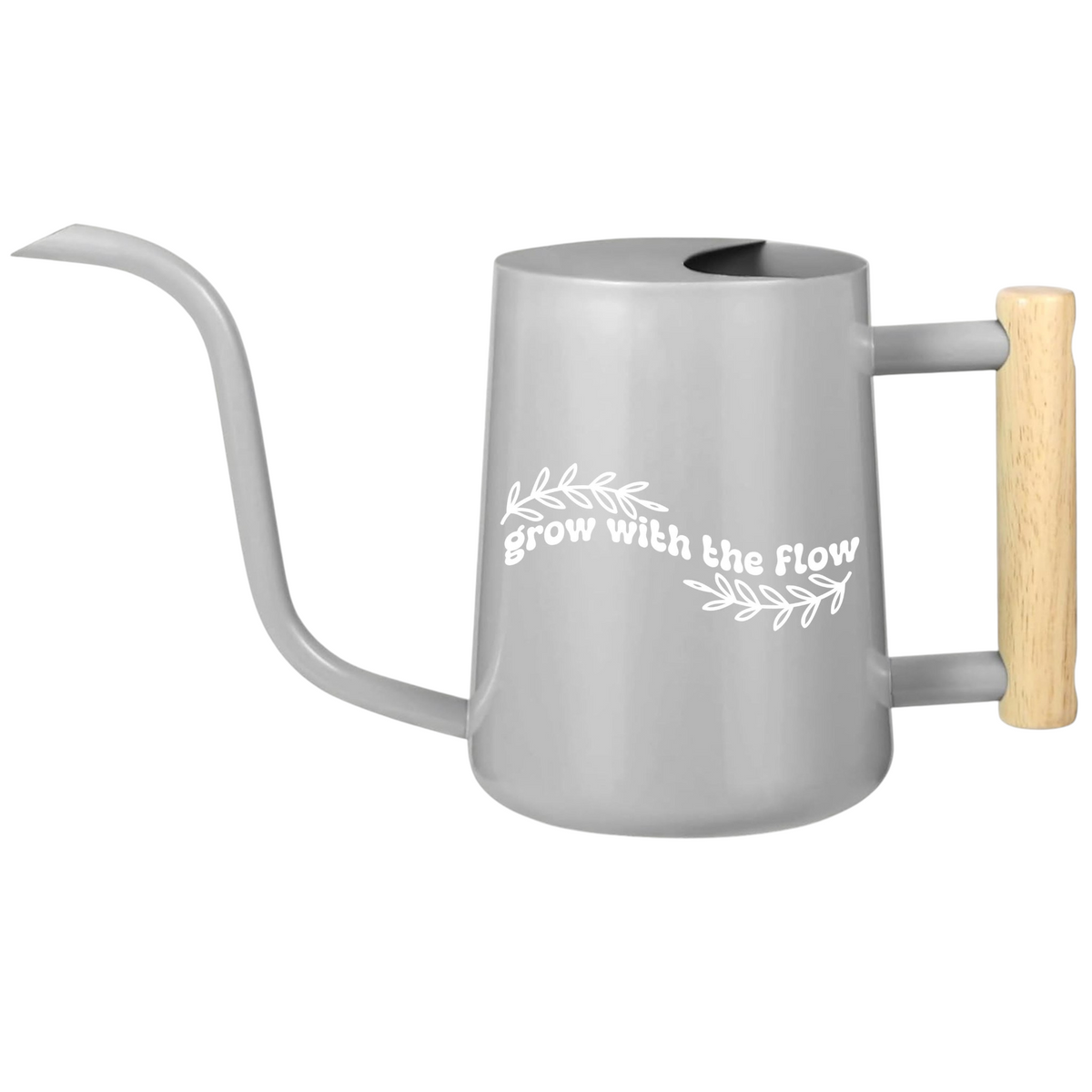 gray watering can grow with the flow for sale, cool charcoal gray shade with streamlined form factor, 1.5-liter capacity with precision rose attachment included, fade-resistant material with ergonomic pour control, perfect for delicate flowering plants and container gardening, unique present for plant parents