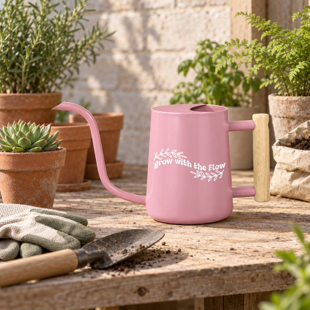 buy watering can grow with the flow pink online, vibrant rose pink finish with playful curved design, 2-liter capacity with dual-function spout system, lightweight durable plastic construction, ideal for decorative indoor gardens and apartment living spaces, wonderful gift for botanical enthusiasts