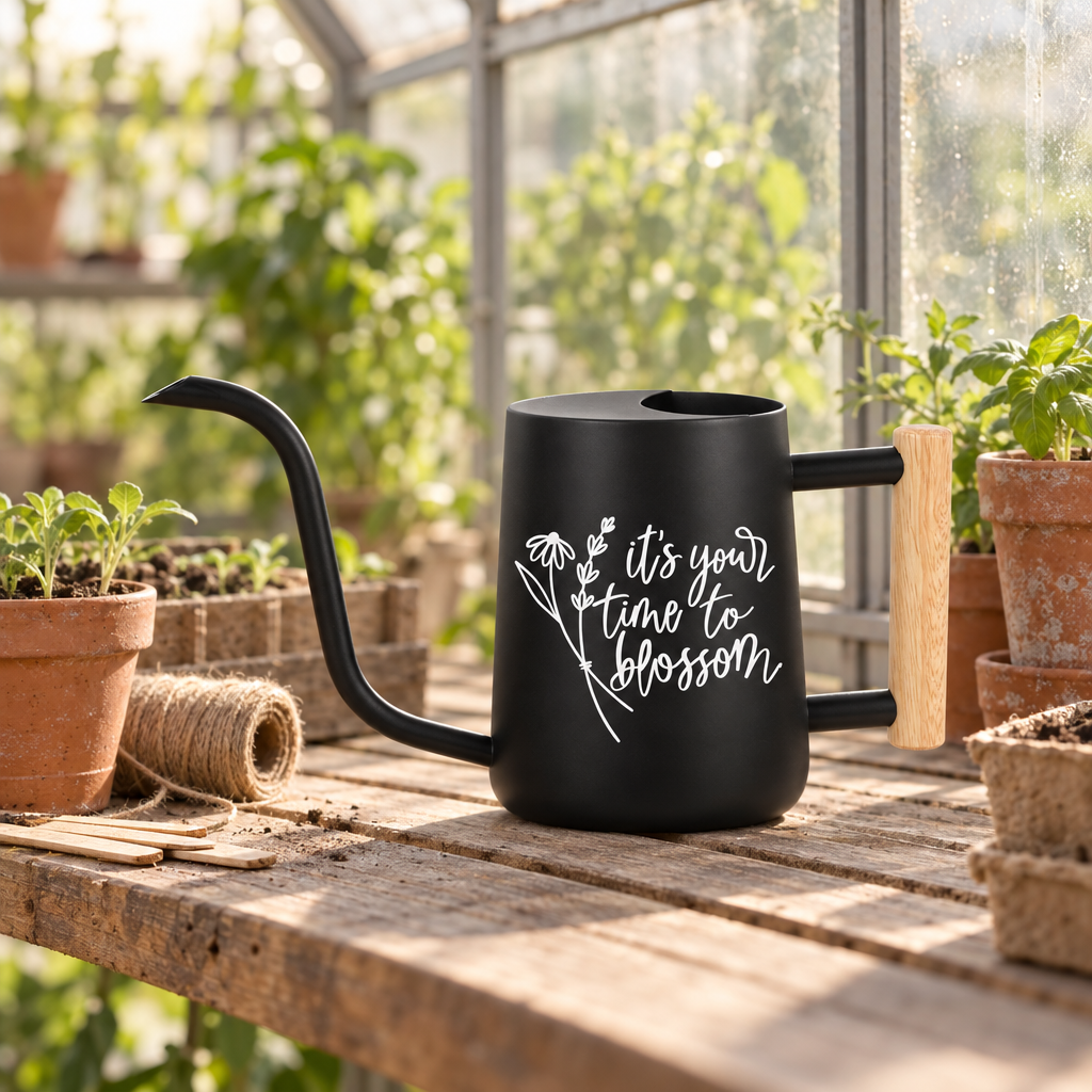 buy watering can it's your time to blossom black online, sleek matte black finish with modern minimalist design, ergonomic handle for comfortable pouring, durable plastic construction, ideal for indoor potted plants and garden beds, perfect gift for gardening enthusiasts