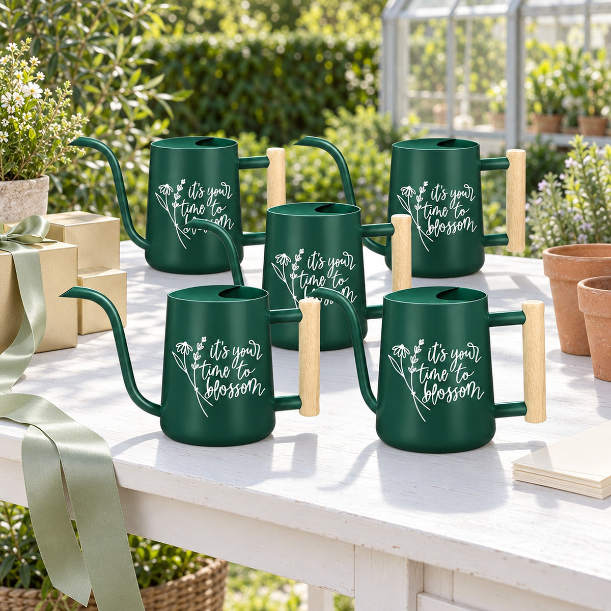 buy Pack of Watering Can - It's Your Time to Blossom 5-pack black online, matte black finish with durable metal construction, lightweight 1-gallon capacity, ergonomically balanced handle, ideal for indoor planters, great gardening gift
