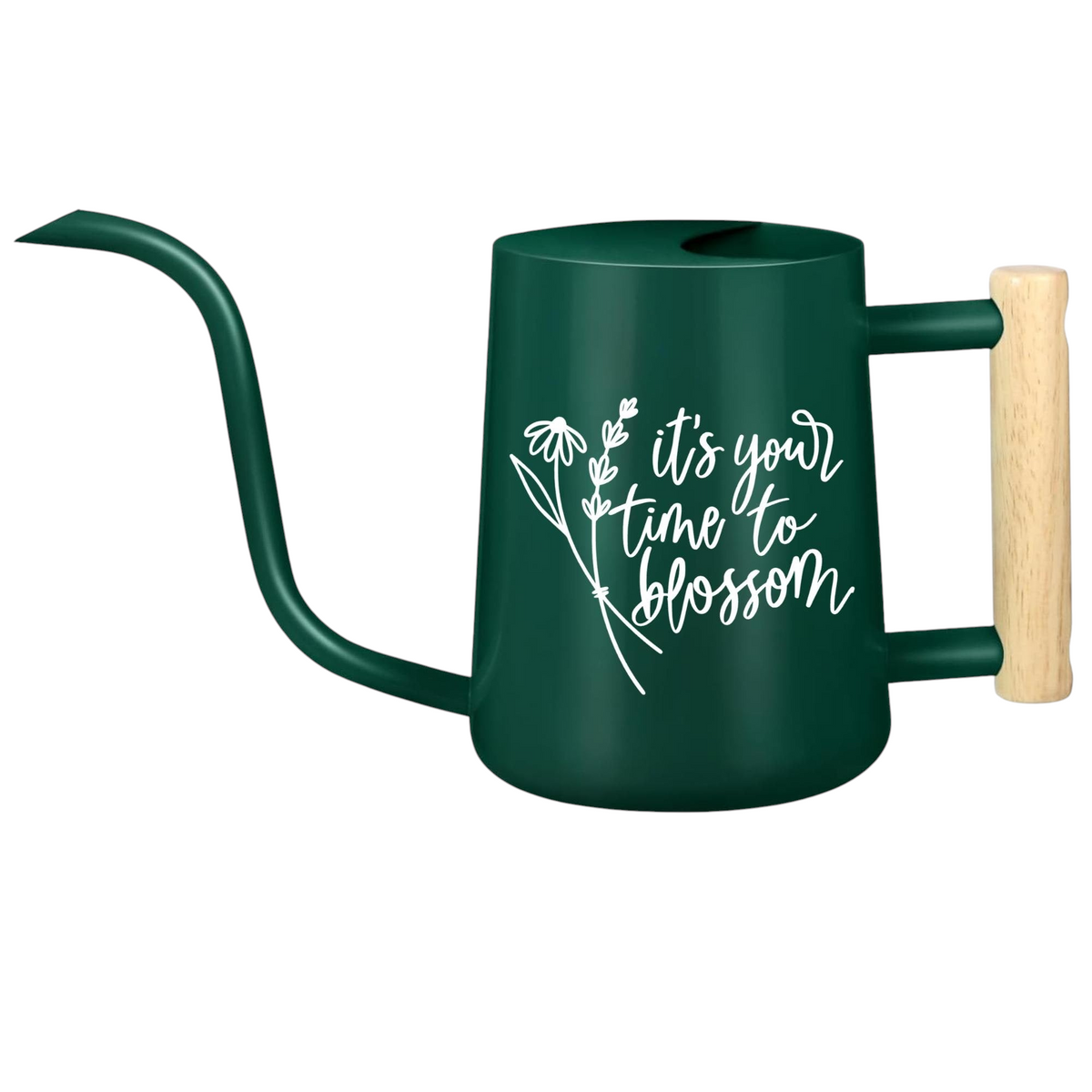pink watering can it's your time to blossom for sale, pastel pink with uplifting botanical message, generous pouring capacity with controlled flow, reliable everyday watering tool, ideal for flowering plants and decorative outdoor spaces, lovely gift for garden-loving friends