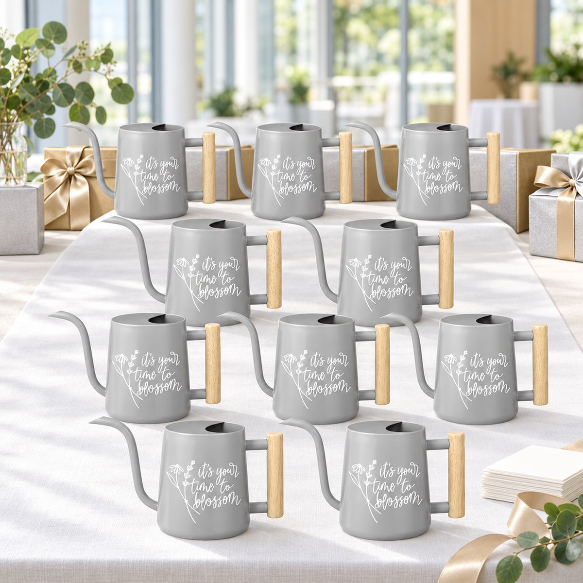 teal 10-pack Pack of Watering Can - It's Your Time to Blossom for sale, bright teal colorway, weather-resistant exterior, narrow targeted spout, perfect for hanging baskets, unique plant lover gift