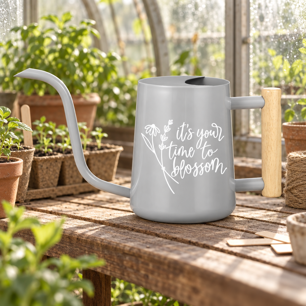 buy watering can it's your time to blossom teal online, deep teal gloss finish with modern charm, adjustable flow control for gentle watering, spacious capacity for larger plant collections, perfect for herb gardens and patio planters, inspiring gift for gardening beginners