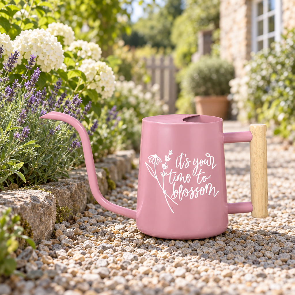buy watering can it's your time to blossom teal online, vibrant teal finish with contemporary style, smooth spout for precise watering control, rust-resistant material, perfect for vegetable gardens and flower beds, unique gift for wellness-focused gardeners