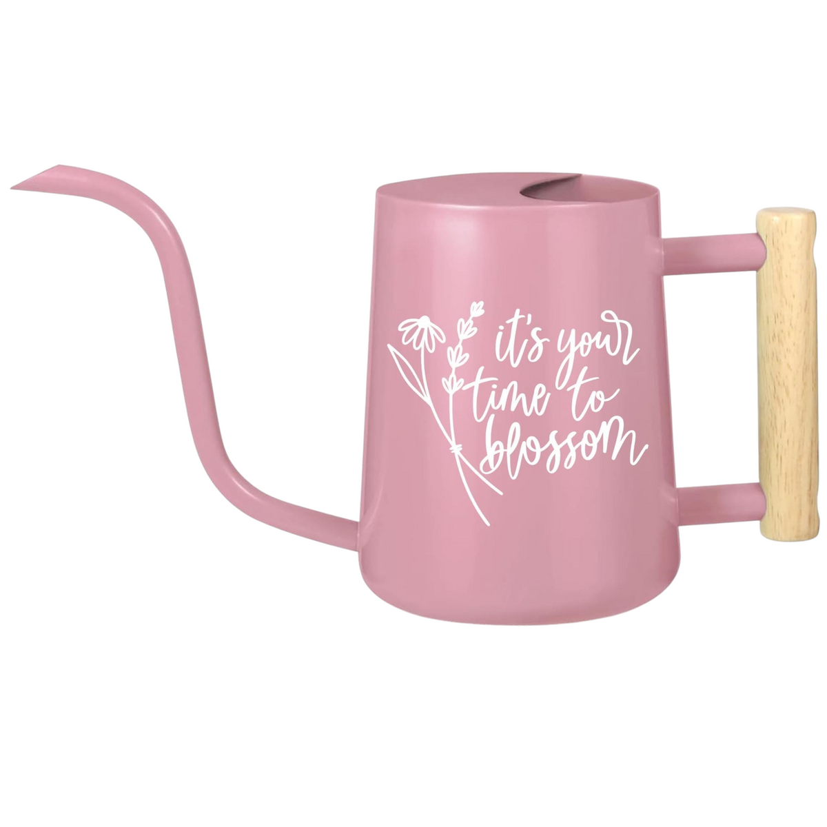 gray watering can it's your time to blossom for sale, neutral soft gray tone with sophisticated aesthetic, reinforced handle with ergonomic grip, weather-resistant construction, ideal for indoor plant collections and small outdoor spaces, thoughtful housewarming gift