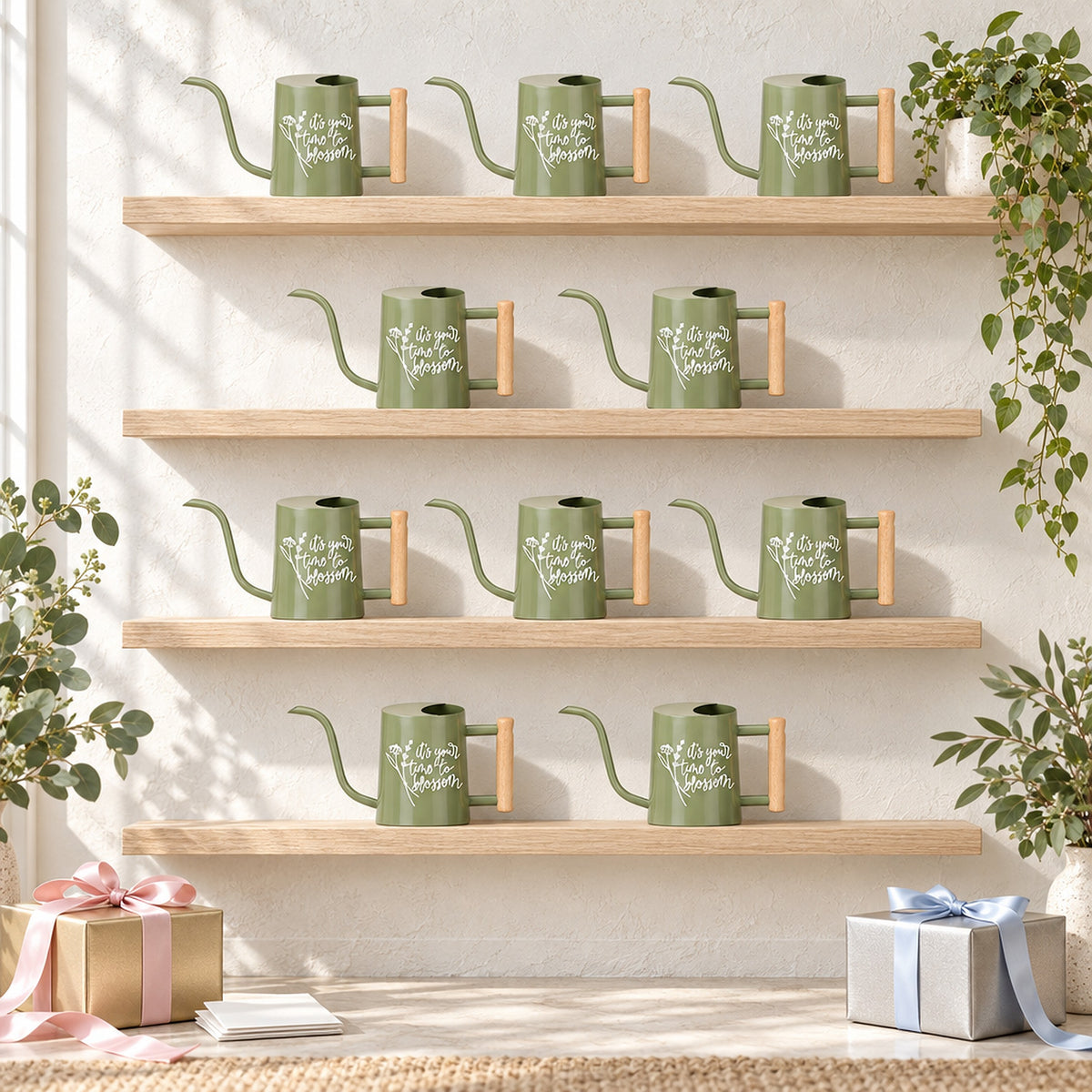 teal and gray 30-pack Pack of Watering Can - It's Your Time to Blossom for sale, assorted teal and gray shades, commercial grade strength, ergonomic balancing loop, ideal for botanical shop displays, beautiful housewarming gift