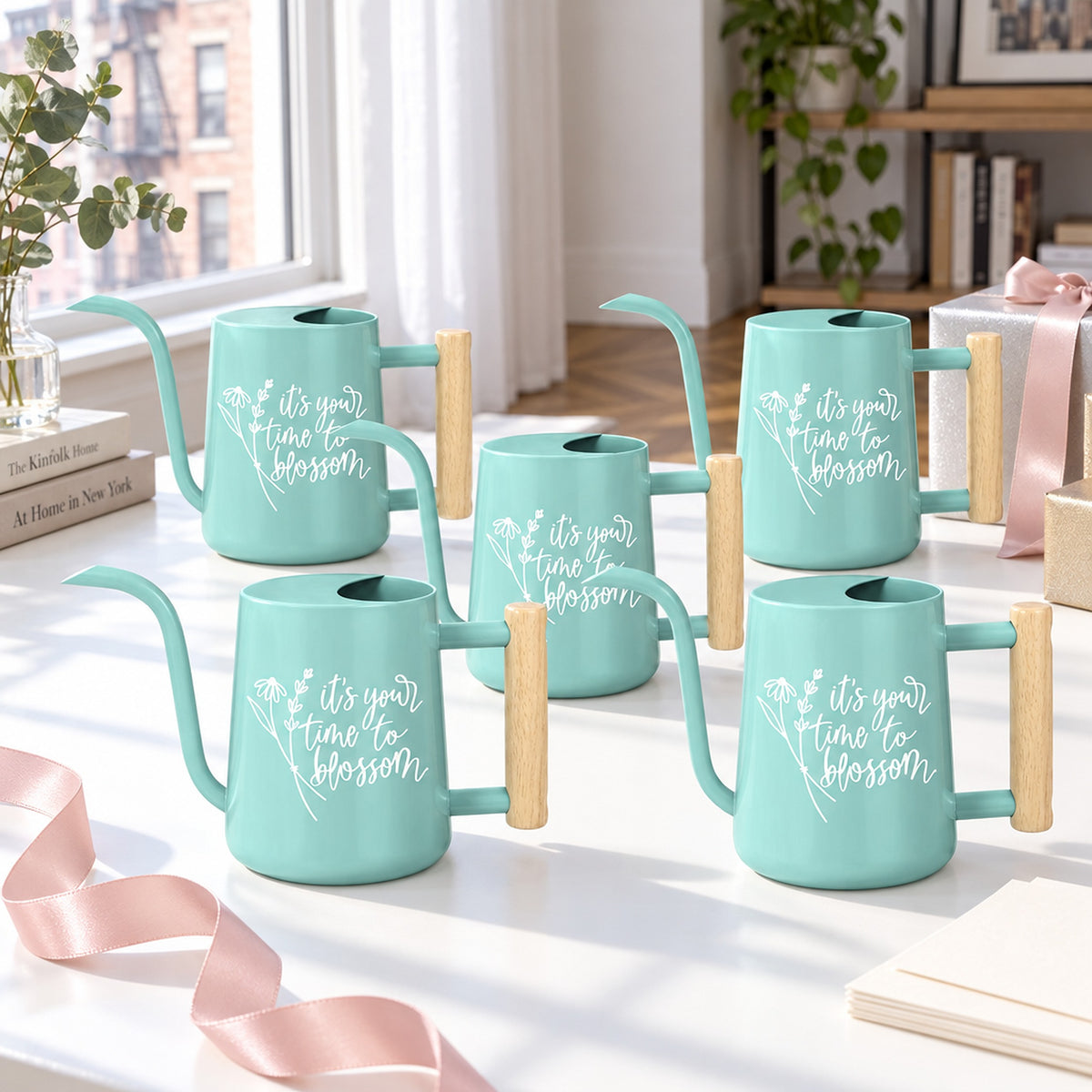 buy Pack of Watering Can - It's Your Time to Blossom dark green bundle online, classic forest green shade, heavy duty construction, removable sprinkler rose nozzle, perfect for potted patio flora, unique plant lover gift