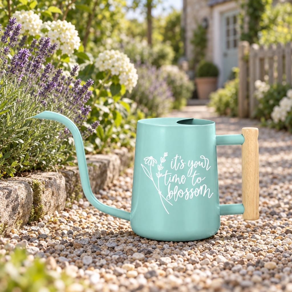 buy watering can it's your time to blossom black online, charcoal black with polished surface finish, generous spout opening for easy filling and pouring, durable quality materials, great for daily plant care and maintenance routines, wonderful gift for new gardeners
