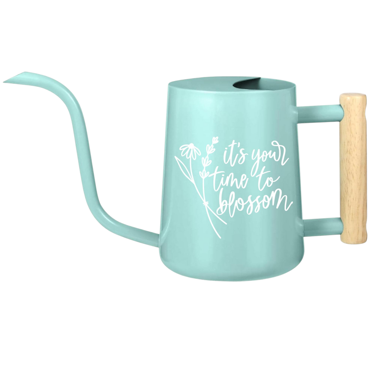 pink watering can it's your time to blossom for sale, blush pink exterior with motivational typography, compact size perfect for apartment dwellers, sturdy handle construction, ideal for delicate indoor houseplants and decorative containers, sweet gift for plant lovers