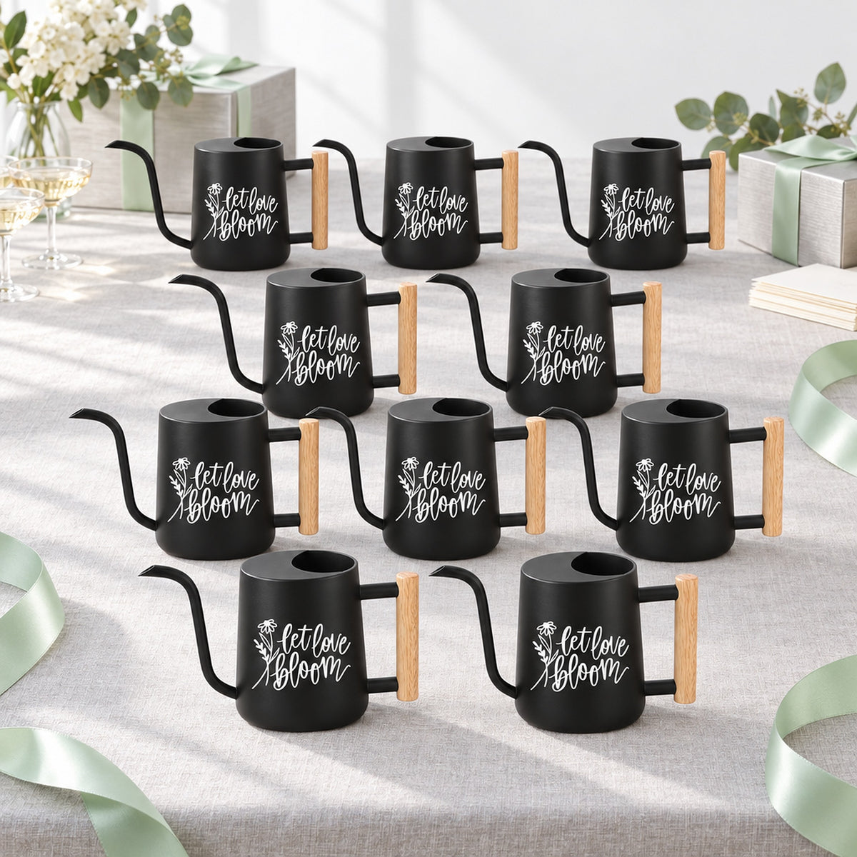 dark green 30-pack pack of watering can - let love bloom for sale, deep forest hue, classic vintage shape, durable galvanized steel, ideal for bulk event favors, wonderful botanical gift