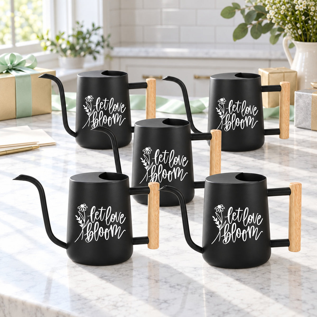 buy pack of watering can - let love bloom 20-pack gray online, neutral slate tone, sturdy metal build, modern farmhouse look, great for wedding table accents, great gardening gift